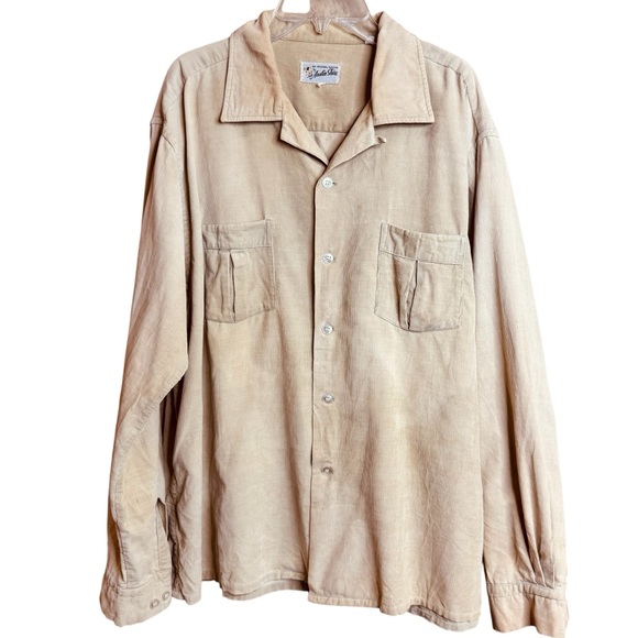 Vintage 50s Light Tan Corduroy Top Loop Button Down Shirt Austin Shire size L